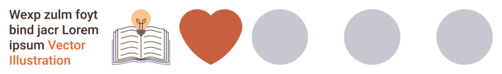 Education, knowledge, creativity, inspiration, love, conceptual ideas. Open book with lightbulb symbol, red heart and gray circular elements. Education and knowledge iconography for learning