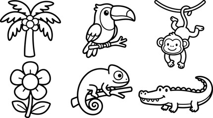 Fototapeta premium Line art tropical animal icons set with toucan chameleon monkey crocodile palm tree and flower arranged in landscape coloring page