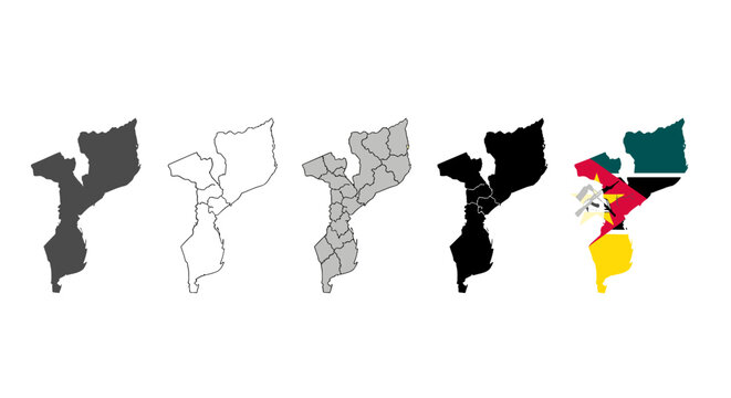 Mozambique map collection outlines divisions and flag representation