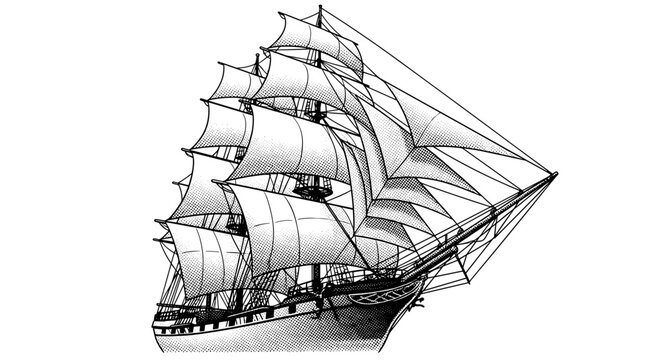 Vintage tall ship silhouette with full sails detailed nautical