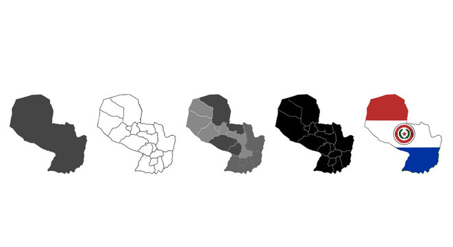Paraguay map silhouettes and flag colors collection isolated