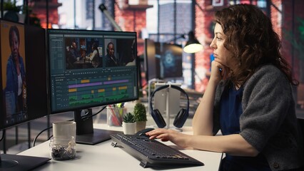 Fototapeta premium Videographer creating material for social media reels to boost views, digital marketing and video editing blending to create the perfect user profile with followers reach. Video project. Camera A.