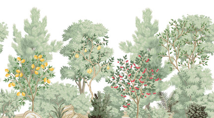 Garden vintage trees, cherry tree, lemon, pear, plants landscape seamless border white background. Botanical mural. © good_mood