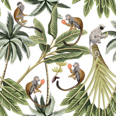 Monkey animal, tropical palm tree seamless pattern. Exotic botanical jungle wallpaper. © good_mood