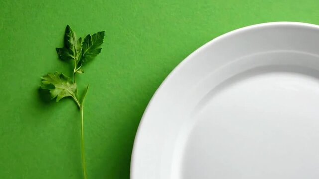 A clean white plate with a fork and seasoning on a green background