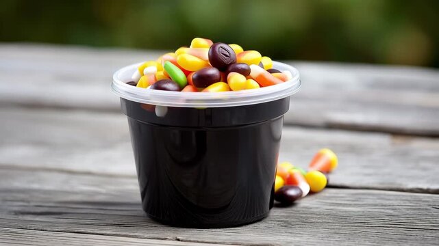 Colorful candy sits in a black container on a wooden table, with some pieces scattered around during fall season