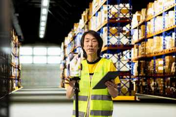 Asian worker promoting the large business industrial warehouse on a vlog, live streaming a video...