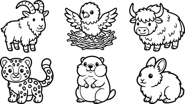 Line art vector animal icon set with six cute baby wildlife characters facing forward smiling simple bold outline style collection