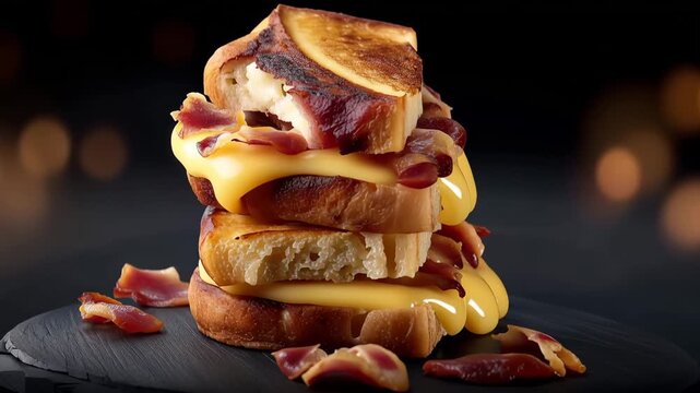 Melted cheese and crispy bacon stacked between toasted bread in a tasty sandwich