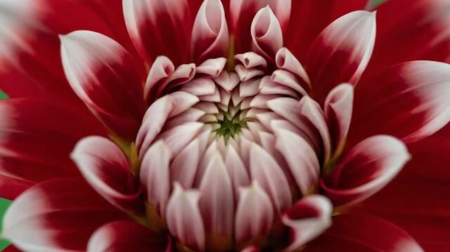 A vibrant red and white flower blooms against a solid green background