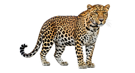 Fototapeta premium Majestic leopard with distinctive spotted fur standing gracefully, isolated on a clean white background, perfect for wildlife and nature-themed designs.