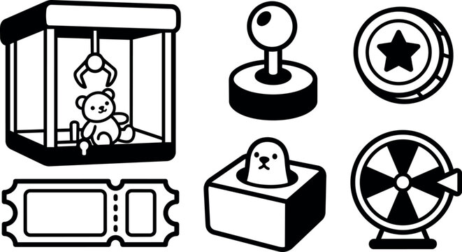 Flat design arcade game icon set featuring claw machine with teddy, joystick, star coin, ticket, whack a mole, prize wheel bold line
