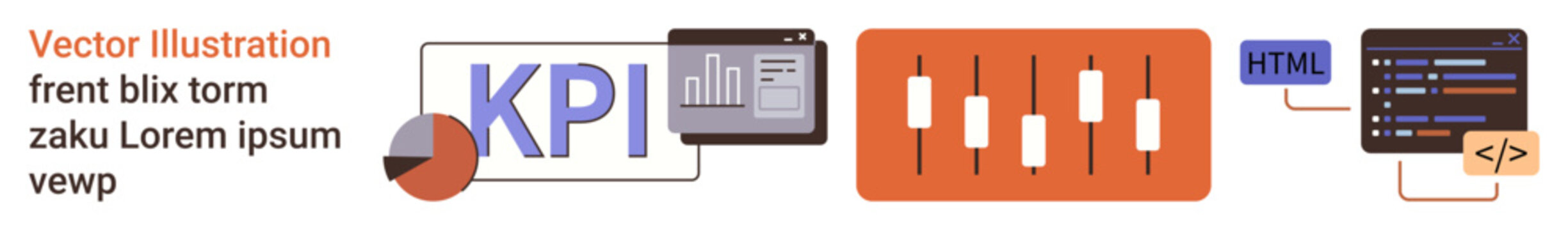 Business development, data analysis, coding, web design, programming workflow, and metrics tracking. Visual of KPI graphics, sliders HTML layout and coding editor. Business development and data