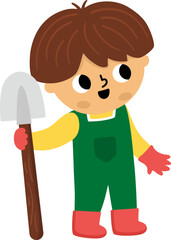 Vector boy standing with spade and looking up. Cute kid gardener clipart. Funny child doing gardening works, raking leaves. Nature illustrations with children. Spring or summer country icon
