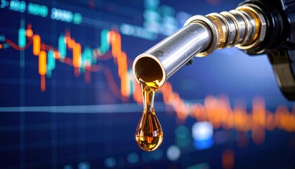 Obraz premium Macro shot of golden oil droplet dripping from gasoline pump nozzle with digital financial trading charts in background