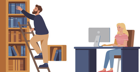 Library study scene with man taking book from bookshelf ladder and woman working on computer desk, education workspace flat vector illustration © David  Creations