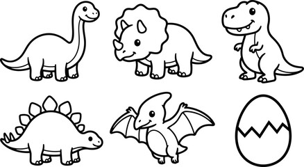 Fototapeta na wymiar Line art kids coloring set of six cute dinosaurs and cracked egg in simple black outline vector sheet playful flat