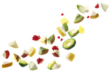 Different colorful fresh fruit slices and cubes fall, isolated on white background, vitamin...