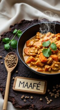 Gourmet Maafe: West African Peanut Stew with Sweet Potatoes, Iroko Sign, and Heritage Mud-Cloth Backdrop