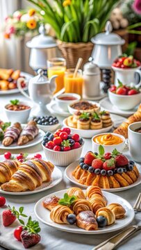A photo of a beautifully arranged pastry buffet set for breakfast in a hotel or restaurant Brunch time Delicate pastries, fresh fruit, savory croiss