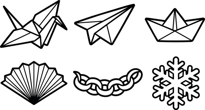 Minimal line art icon set showing origami crane paper airplane paper boat folding fan chain and snowflake in bold outline