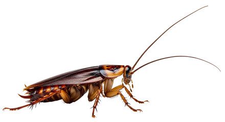 Close-up side view of a single brown American cockroach with long antennae and visible legs, isolated on a clean white background, ideal for pest control and entomology visuals.