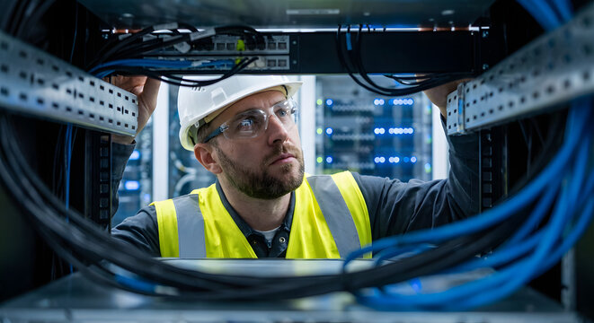professional male network engineer wearing hard hat and safety glasses inspecting server cables in a modern data center facility with blue light background for cloud computing industry