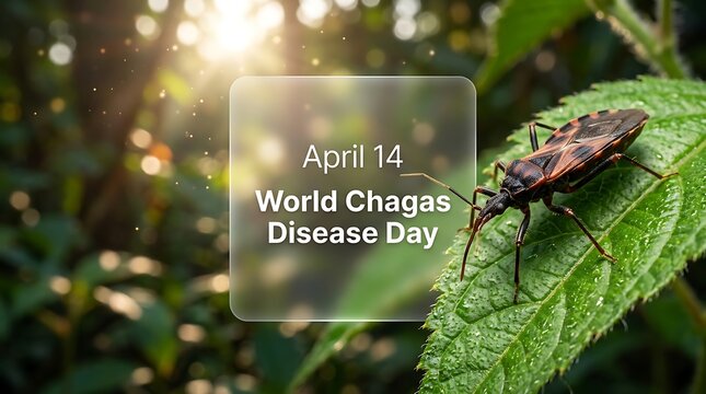 A triatomine bug sits on a green leaf with a transparent text box announcing World Chagas Disease Day on April 14.