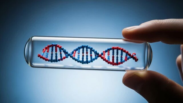 Hand holding a test tube with dna double helix model inside representing genetic research and experimentation in a laboratory setting
