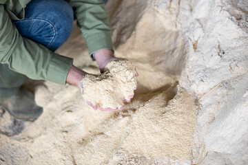 Farmer holds a handful of cornmeal in his hands - feed for cows and other animals on the farm