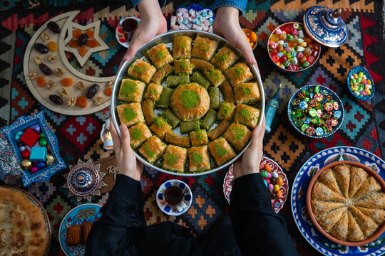 Ramadan Iftar Table Concept Photo,  Iftar Table with Traditional Food. Fasting ends with Dates. Ramadan Feast Celebrations, Eid Mubarak Concept Uskudar Istanbul, Turkiye (Turkey)