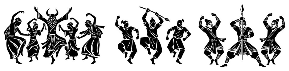 Traditional folk dance silhouettes, ethnic group performing cultural dance, tribal warriors and dancers vector set