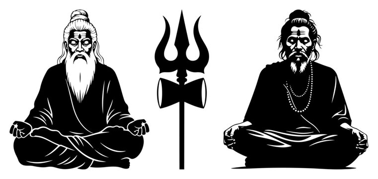 Sadhu or yogi meditation silhouettes, spiritual Indian monk sitting in lotus pose, trishula symbol vector