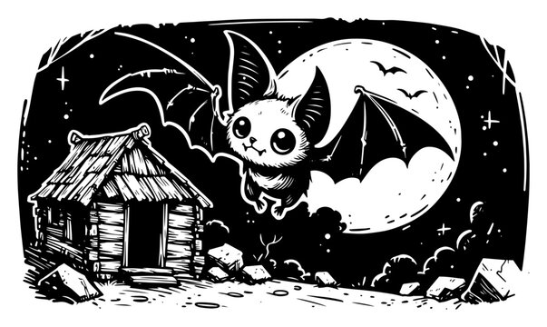 Spooky bat flying over haunted house, moonlit night Halloween scene, cute dark gothic vector illustration