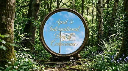 A round sign with gold lettering stands in a forest clearing surrounded by trees and greenery.