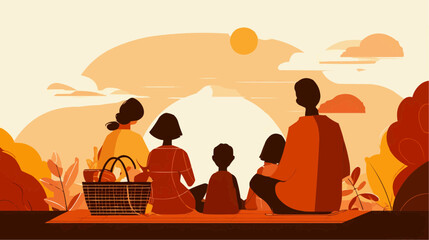 Fototapeta premium Flat vector illustration of family silhouettes sitting on a picnic blanket, ideal for websites, social media, or promotional materials about family activities.