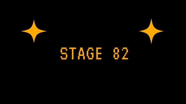 Retro pixel art video game screen displays Stage 82 with animated glowing stars. 4K video animation for video game.