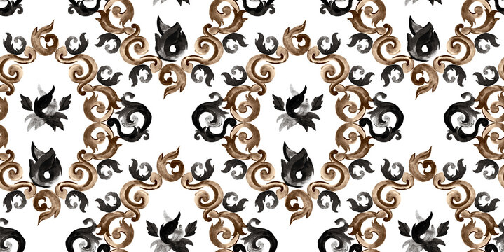 Watercolor baroque motif pattern. Seamless tribal pattern design