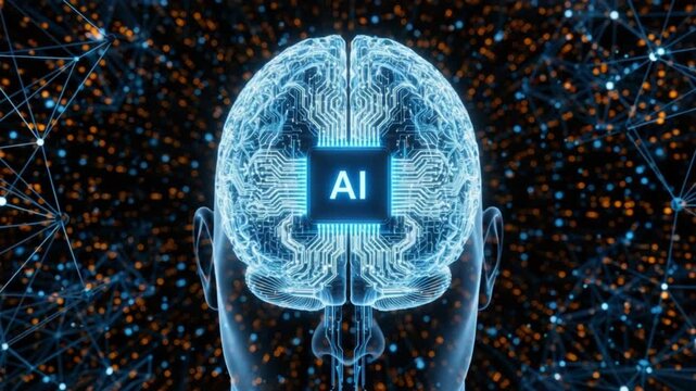 A human head with a glowing blue circuit board brain and ai chip on a dark background with orange and blue dots
