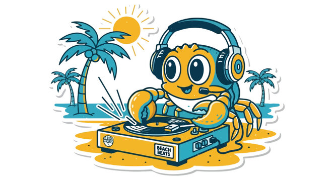 Funny DJ Crab Crustacean Scratching Vinyl Record on Tropical Beach Summer Party
