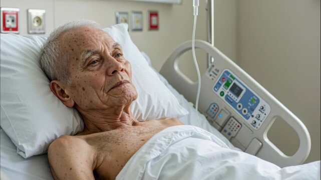 Patient's Quiet Reflection: An elderly patient lies in a hospital bed, lost in thought. The scene evokes a sense of introspection and the quiet moments of recovery.