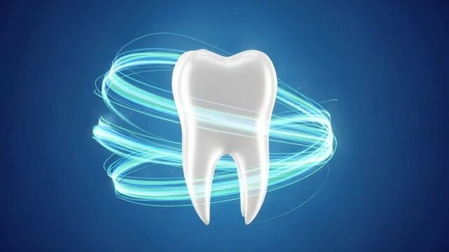 An illustration of a white tooth with blue streaks on a dark blue background representing dental health and whitening concepts