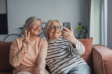 Two happy senior women sitting on the sofa at home taking a selfie together, smiling and enjoying...