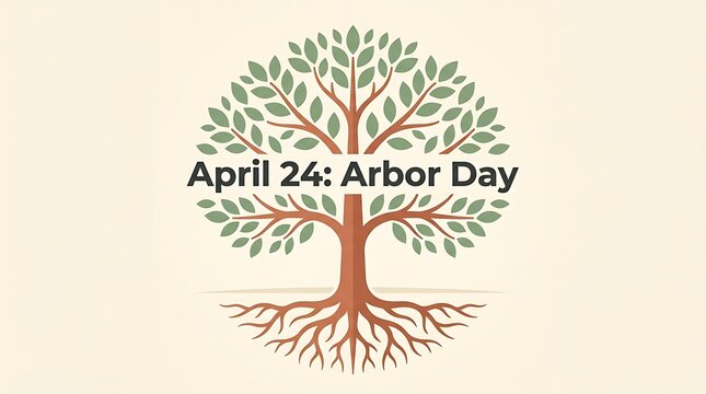 A tree with green leaves and roots on a beige background celebrating Arbor Day on April 24