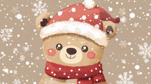 Cozy Winter Bear Illustration: Adorable teddy bear, donned in a warm winter hat and scarf, delighting amidst a flurry of snowflakes. Evoking warmth, joy, and the magical essence of winter.