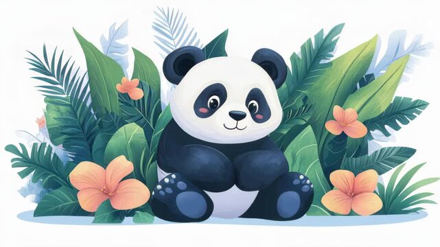 Panda Cub Amidst Lush Foliage: A charming panda cub sits serenely amidst vibrant, lush green leaves and delicate orange flowers, evoking a sense of calm and natural beauty.