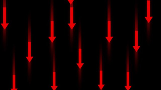 Glowing Red Falling Arrows Pattern Particles Animation On Dark Background.  Economic Crisis And Market  or Financial Drop Concept