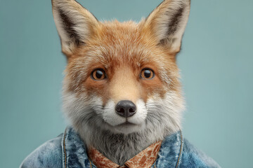 Fototapeta premium Fox wearing a denim jacket and shirt stands against a solid background in a studio setting with soft lighting