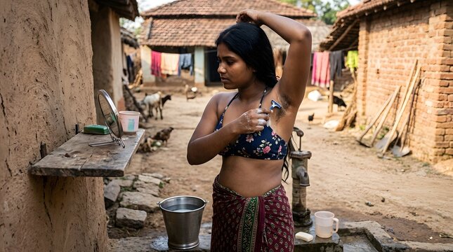 Indian woman shaving her underarm depicting important of maintaining good hygiene 