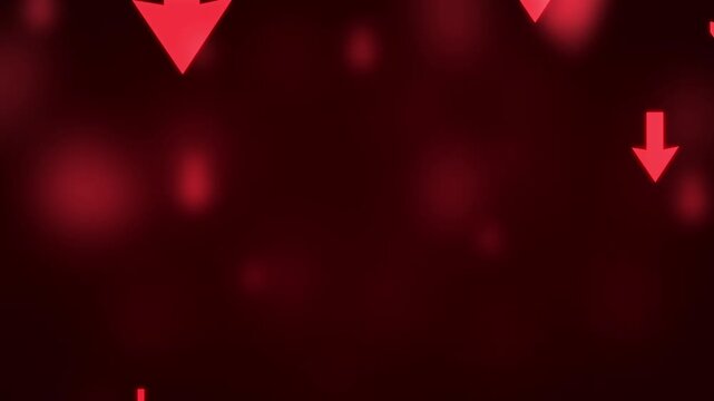 Financial decline, Market crash, Economic crisis, Falling stock prices Concept. Red background with glowing downward arrows Particles Fail down. Recession and business downturn